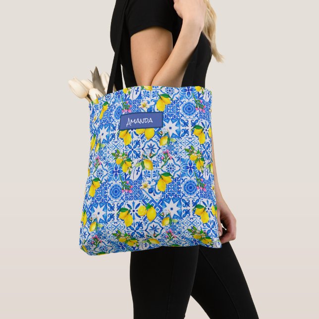Summer majolica blue Sicilian citrus Mediterranean Tote Bag (Close Up)
