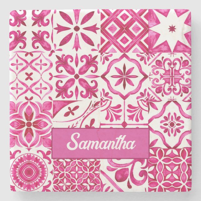 Summer majolica red Sicilian Mediterranean Stone Coaster (Front)