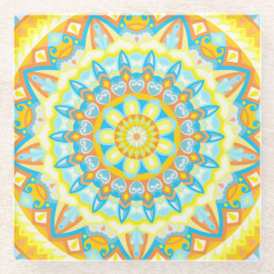 Summer Mandala Yellow Orange Boho Floral Bright Glass Coaster