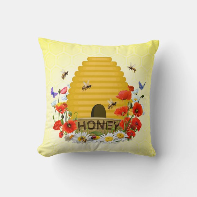 Summer Meadow Beehive and Honey Pot Cushion (Front)