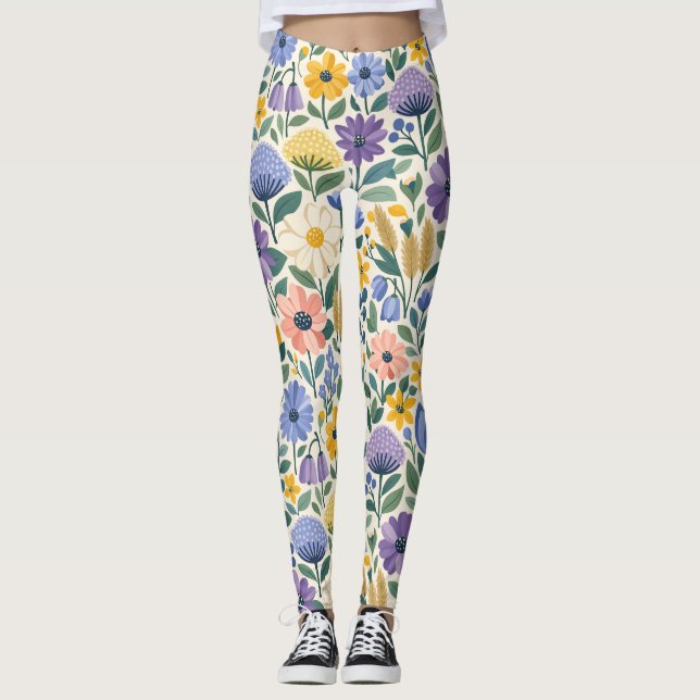 Summer Meadow Botanical Floral Pattern Leggings (Front)