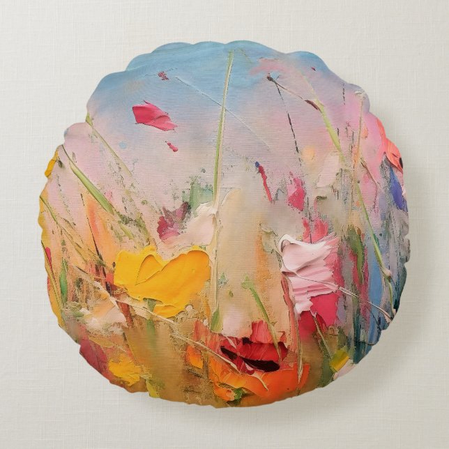 Summer Meadow – Expressive Abstract Wildflowers Round Cushion (Front)