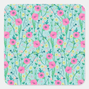 Summer Meadow Floral Nature Teal Illustration Square Sticker