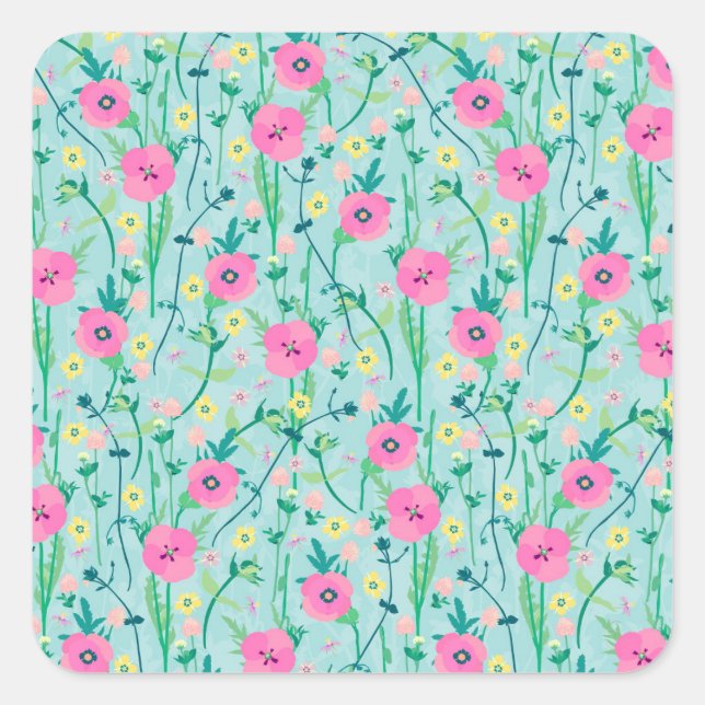 Summer Meadow Floral Nature Teal Illustration Square Sticker (Front)