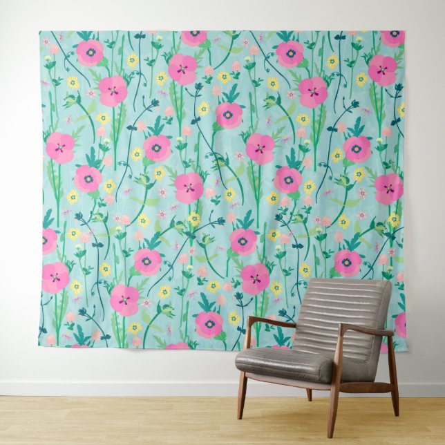 Summer Meadow Floral Nature Teal Illustration Tapestry (In Situ (Horizontal))