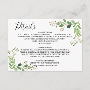 Summer meadow leaves Watercolor Wedding Details Enclosure Card