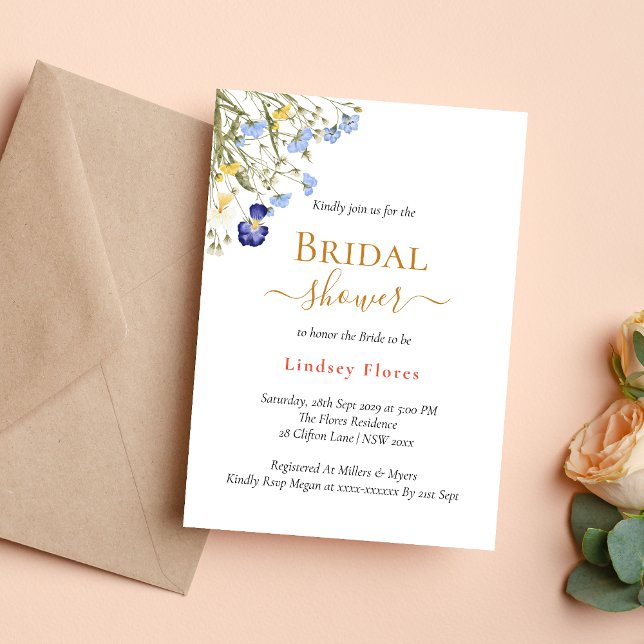 Summer Meadow Wildflowers Gold Bridal Shower Invitation (Creator Uploaded)
