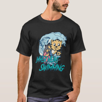 Summer Means Swimming - Cat With Surfboard And Wav T-Shirt