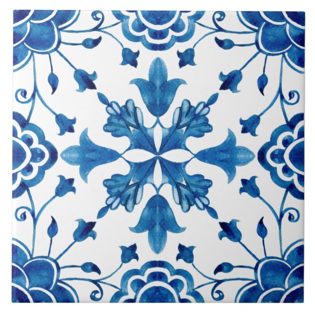 Summer Mediterranean blue flowers tiles  (Front)
