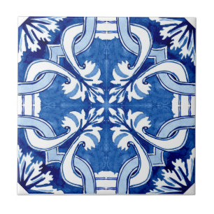 Summer Mediterranean blue pattern flowers  Tile