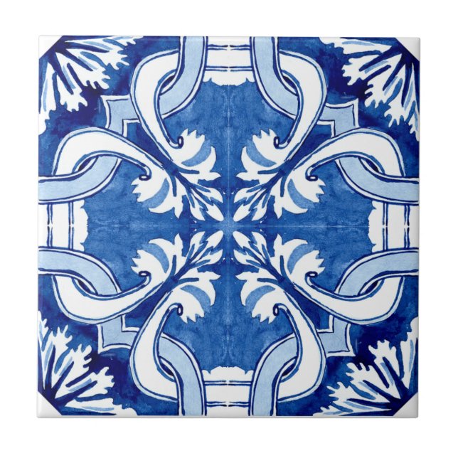 Summer Mediterranean blue pattern flowers  Tile (Front)