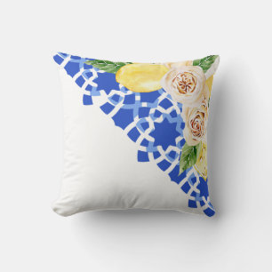 Summer Mediterranean blue tile and lemons print  Cushion
