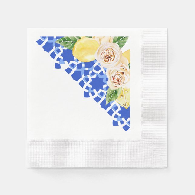 Summer Mediterranean blue tile and lemons print  Napkin (Front)