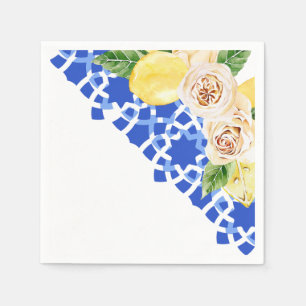 Summer Mediterranean blue tile and lemons print  Napkin