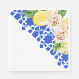 Summer Mediterranean blue tile and lemons print  Napkin