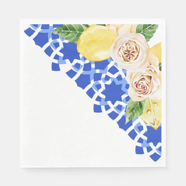 Summer Mediterranean blue tile and lemons print  Napkin (Front)