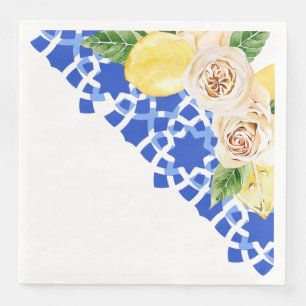 Summer Mediterranean blue tile and lemons print Napkin