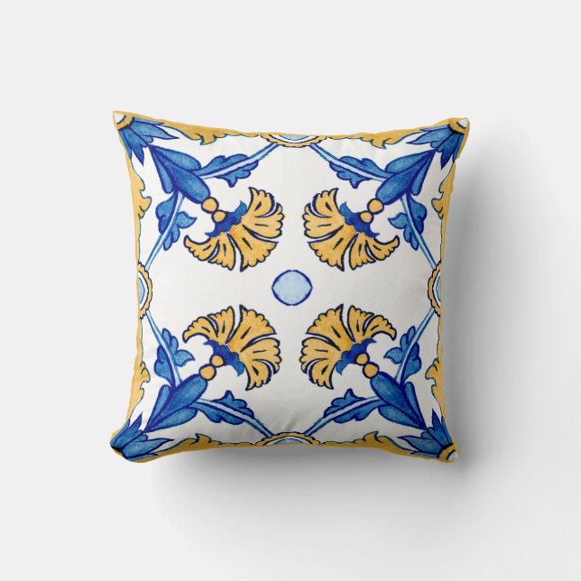 Summer Mediterranean blue yellow flowers  Cushion (Front)