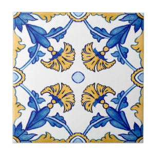 Summer Mediterranean blue yellow flowers tiles