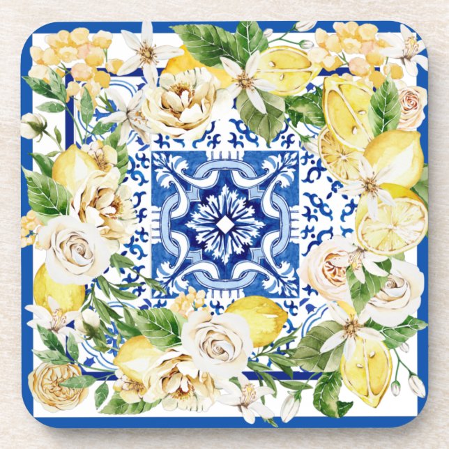 Summer Mediterranean lemon and flowers print  Coaster (Front)