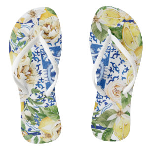 Summer Mediterranean lemon and flowers print   Flip Flops
