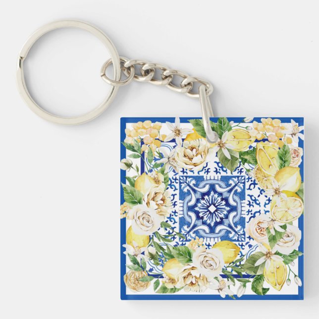 Summer Mediterranean lemon and flowers print  Key Ring (Front)