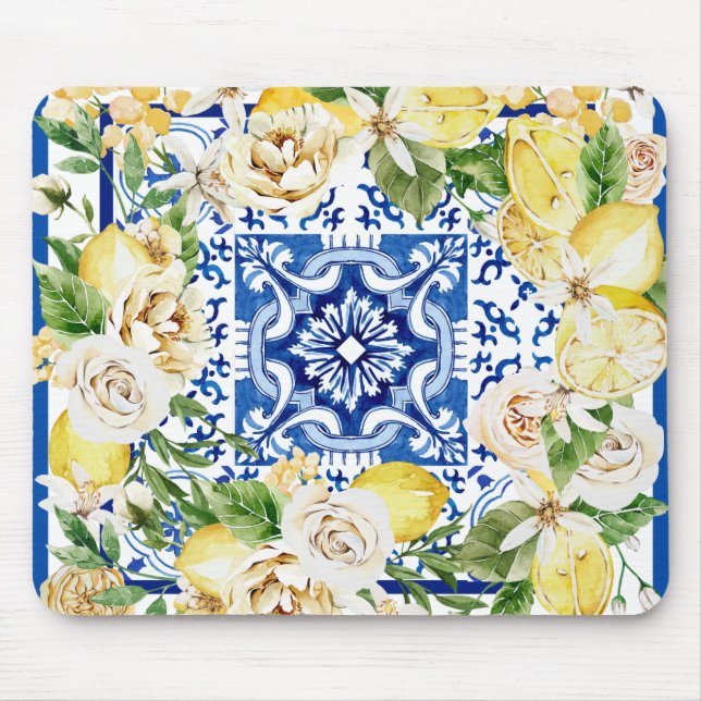 Summer Mediterranean lemon and flowers print  Mouse Mat (Front)