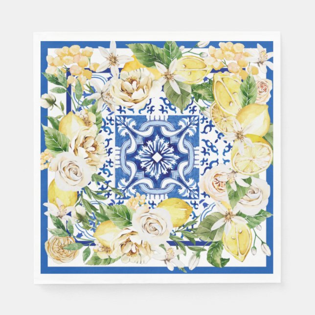 Summer Mediterranean lemon and flowers print   Napkin (Front)