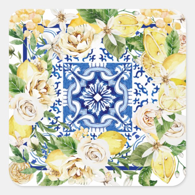 Summer Mediterranean lemon and flowers print   Square Sticker (Front)