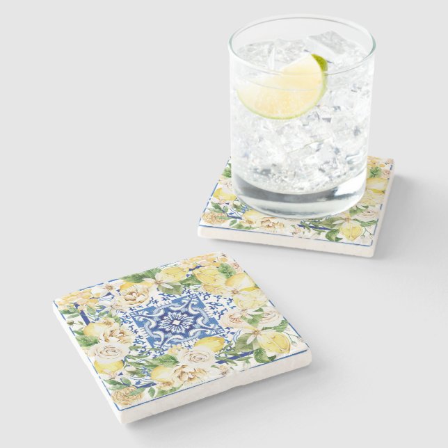 Summer Mediterranean lemon and flowers print   Stone Coaster (Side)