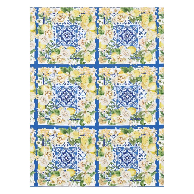 Summer Mediterranean lemon and flowers print   Tablecloth (Front)
