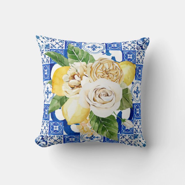 Summer Mediterranean lemon and flowers tile print Cushion (Front)