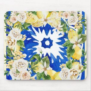 Summer Mediterranean lemon and flowers tile print  Mouse Mat