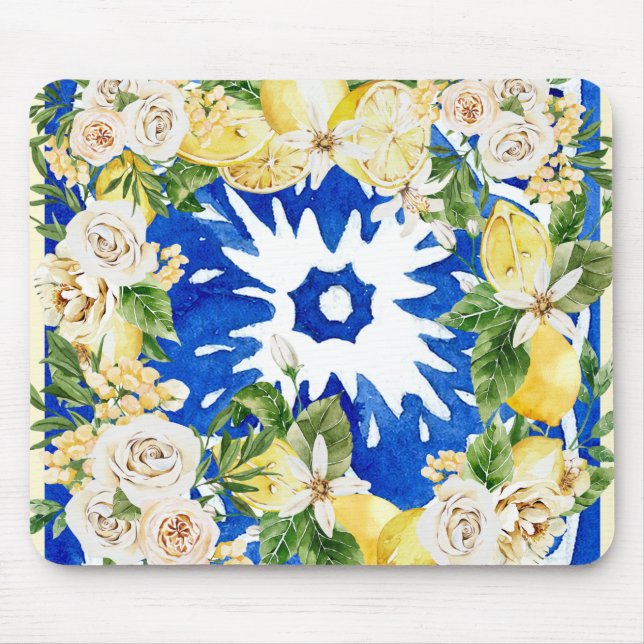 Summer Mediterranean lemon and flowers tile print  Mouse Mat (Front)