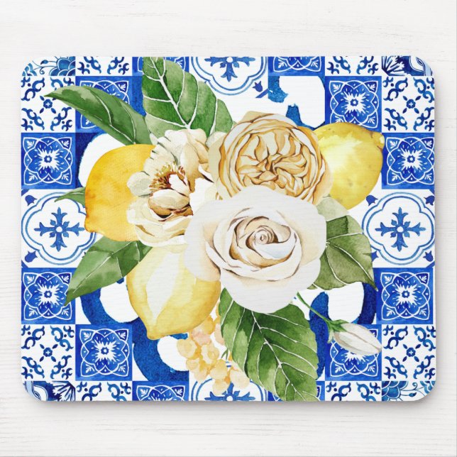 Summer Mediterranean lemon and flowers tile print  Mouse Mat (Front)