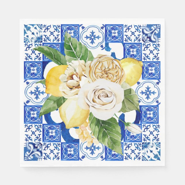 Summer Mediterranean lemon and flowers tile print  Napkin (Front)