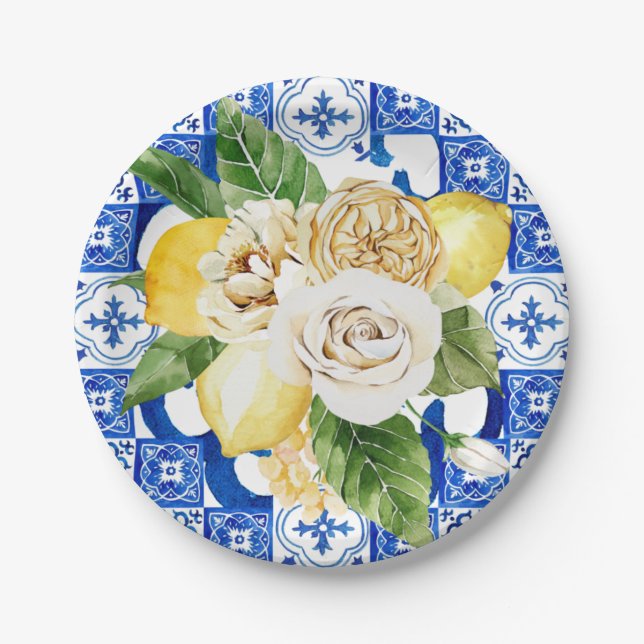 Summer Mediterranean lemon and flowers tile print Paper Plate (Front)
