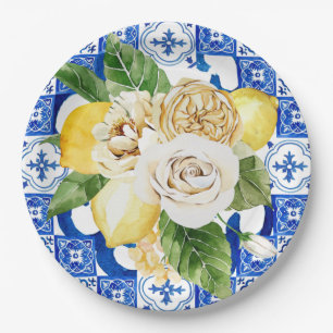 Summer Mediterranean lemon and flowers tile print Paper Plate
