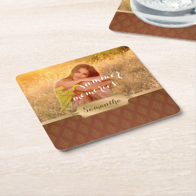 Summer Memories Custom Photo and Calligraphy Square Paper Coaster (Angled)