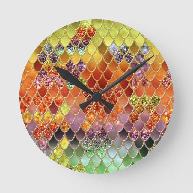 Summer Mermaid Glitter Scales #2 (Faux Glitter)  Round Clock (Front)