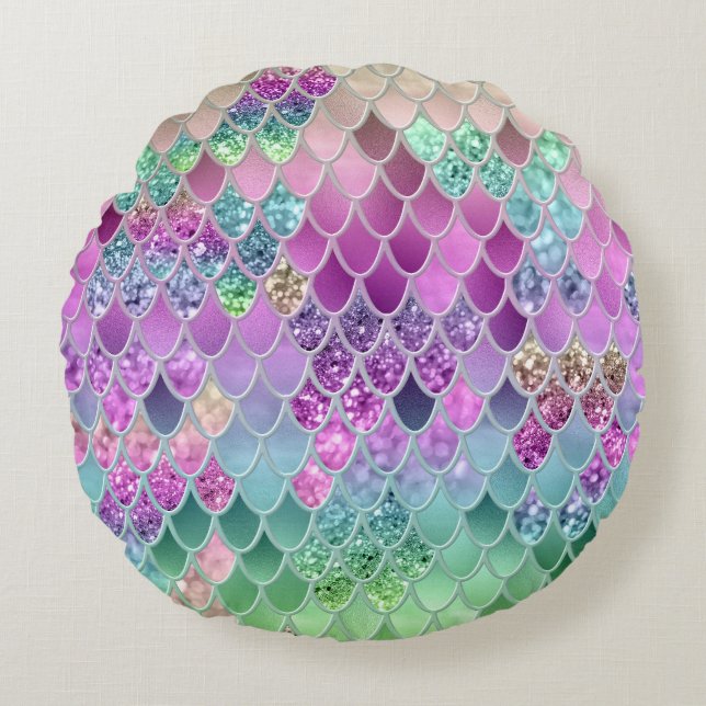 Summer Mermaid Glitter Scales #9 (Faux Glitter) Round Cushion (Front)
