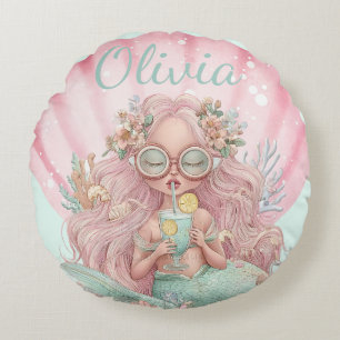 Summer Mermaid Seashell Lovers Name Round Cushion