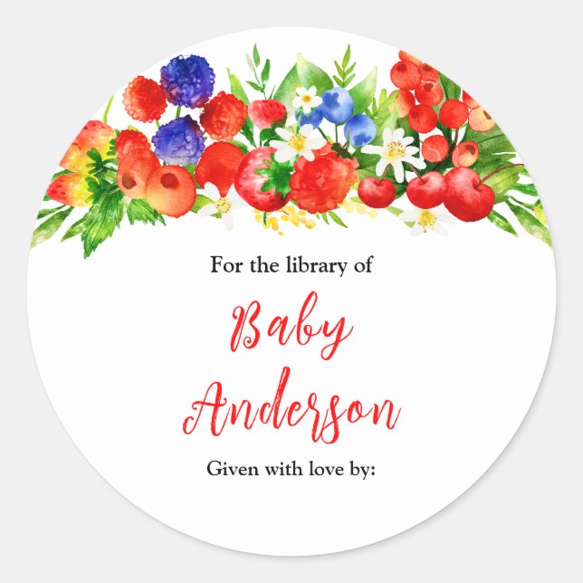Summer Mixed Berries Baby Shower Bookplate Classic Round Sticker (Front)