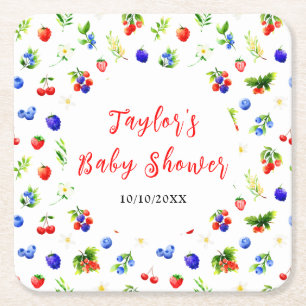 Summer Mixed Berries Baby Shower Square Paper Coaster