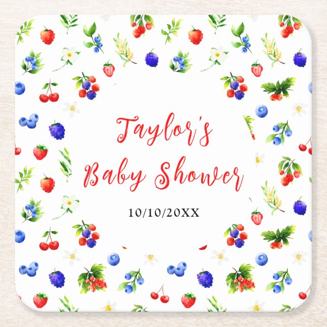 Summer Mixed Berries Baby Shower Square Paper Coaster (Front)