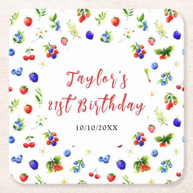 Summer Mixed Berries Birthday Party Square Paper Coaster (Front)