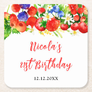 Summer Mixed Berries Birthday Square Paper Coaster