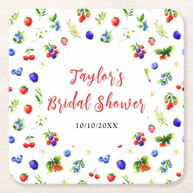 Summer Mixed Berries Bridal Shower Square Paper Coaster (Front)