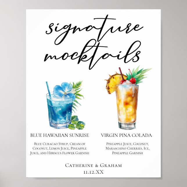 Summer Mocktails Blue Hawaiian Piña Colada Menu Poster (Front)