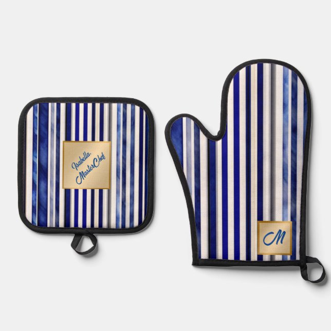 Summer Modern Navy Blue Boat Stripes Collection Oven Mitt & Pot Holder Set (Front)